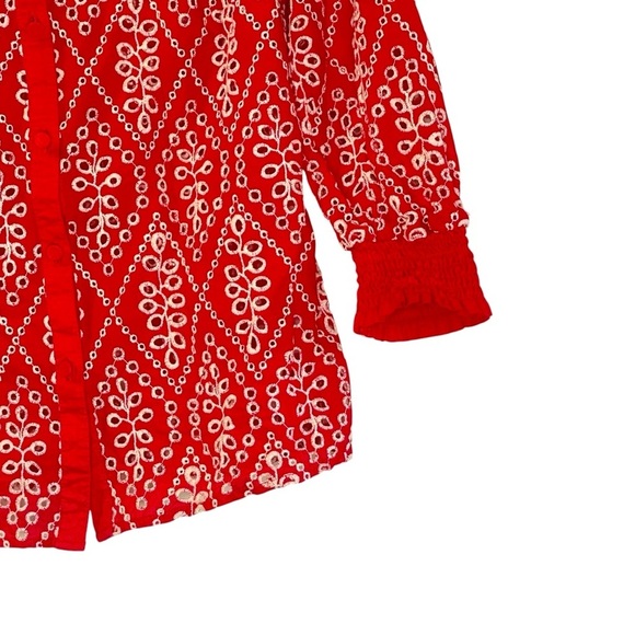 CAbi Lyric Red White Eyelet Embroidered Puff Sleeve Top Blouse Size M 6203 - Picture 4 of 15